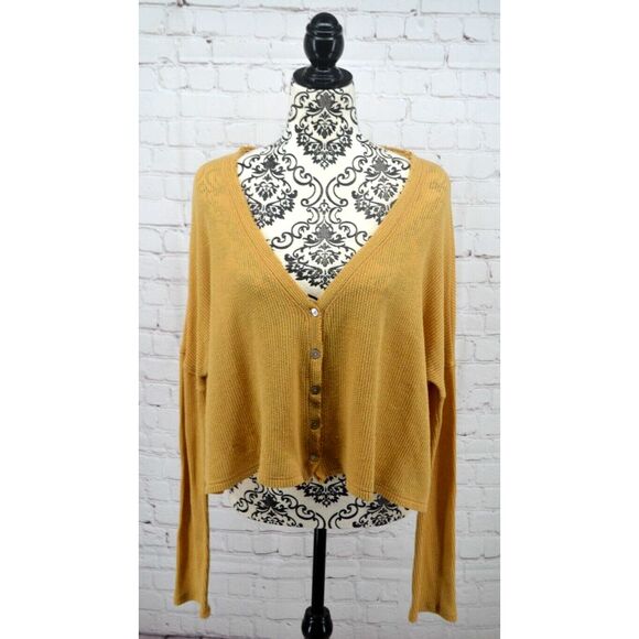URBAN OUTFITTERS Mustard Yellow Courtney Crop Waffle Knit Thermal Cardigan SMALL - Picture 2 of 6
